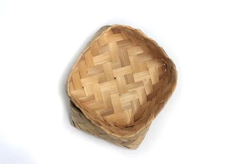 Flat Lay, Empty Besek is box or Container Food Box, made from woven bamboo at Stock Photos