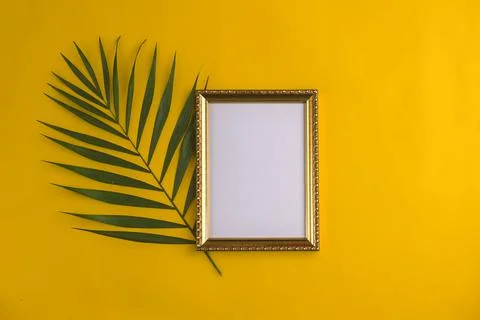 Flat lay with empty photo frame and palm tree branch on yellow background. Stock Photos