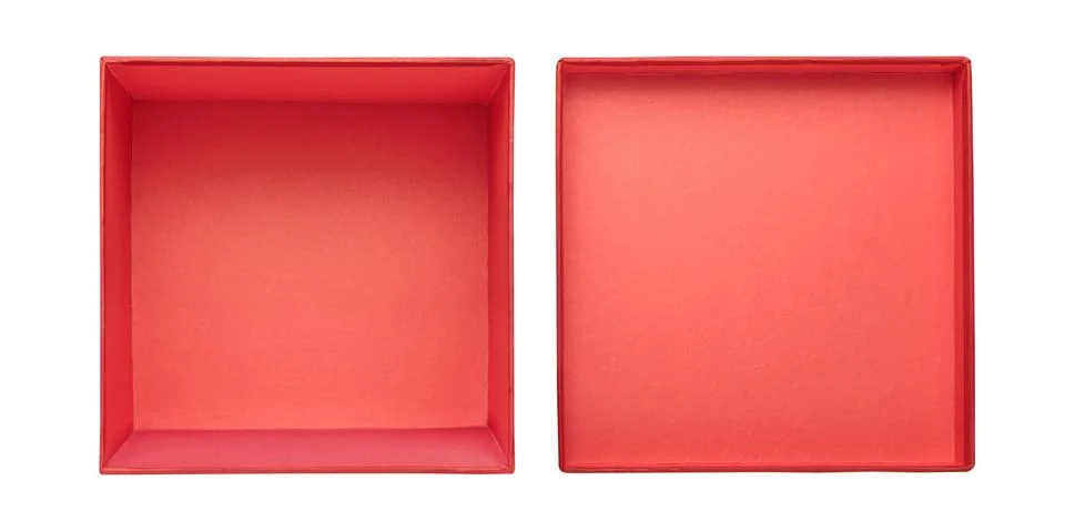 Flat lay of empty red gift box isolated on white background Stock Photos