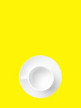 Flat lay. Empty white cup on a saucer isolated on a yellow background. Stock Photos