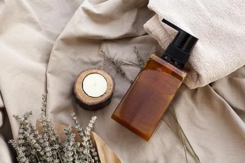 Flat lay essential oil bottle plain background. High quality photo Stock Photos