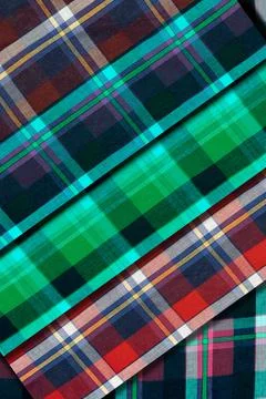 Flat lay with fabric scraps of different colors Foto stock