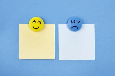 Flat lay faces with emotions sticky notes blue monday Beautiful photo Stock Photos