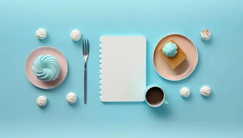 Flat lay, filling out a notebook during a coffee break with sweets, cake and Stock Illustration