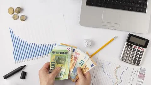 Flat lay finances elements composition Stock Photos