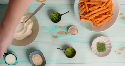 Flat lay food video: chef shows ingredients before cooking, 4k Prores Video stock 219794507