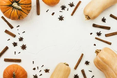 Flat lay frame arrangement of various pumpkins, anise stars and cinnamon stic Stock Photos