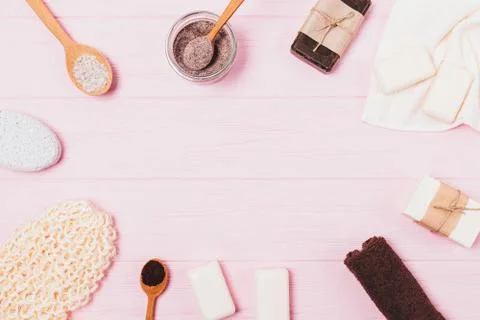 Flat lay frame of bath cosmetics and items 스톡 사진