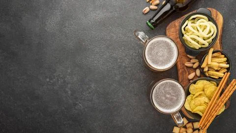 Flat lay frame with beer snacks Stock Photos