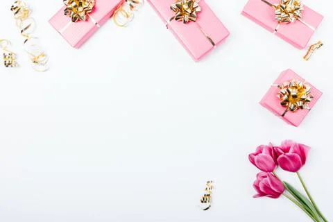 Flat lay frame composition of holiday gifts 库存照片