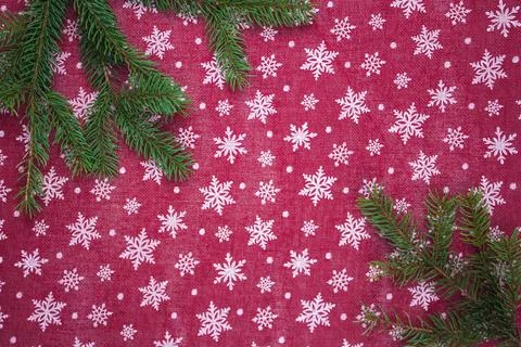 Flat lay frame with fir branches, christmas white snowflakes on red background Stock Photos
