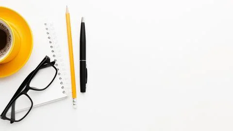 Flat lay frame with glasses pen Stock Photos