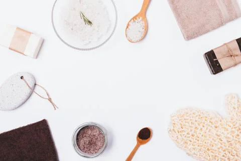 Flat lay frame of items and cosmetic products Stock Photos