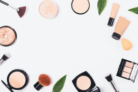Flat lay a frame of makeup products 스톡 사진