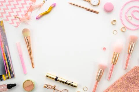 Flat lay frame mockup composition with cosmetics, makeup tools, on white Stock Photos