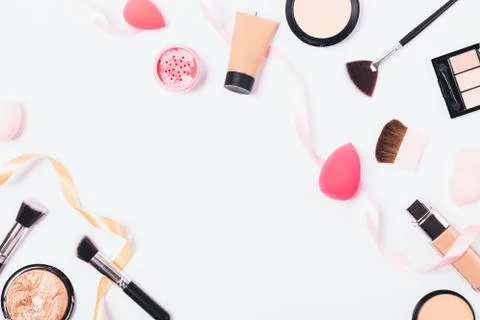 Flat lay frame of women's decorative cosmetics 스톡 사진