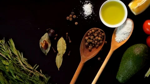 Flat lay of fresh herbs and spices for cooking Stock Footage 105137139