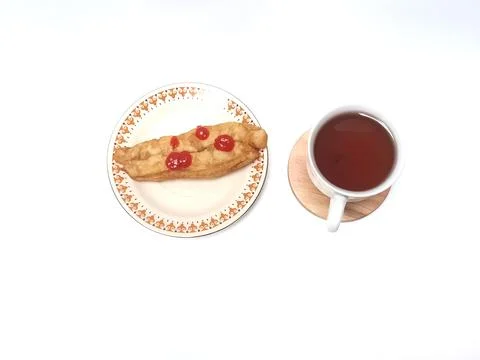 Flat Lay Fried Dough Stick with Chili Sauce and Fresh Black Coffee Stock Photos