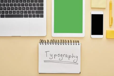 Flat lay gadgets typography lettering Stock Photos