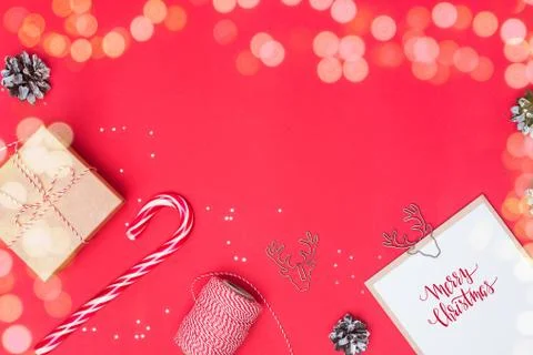 Flat lay with gift box, candy cone and other small elements and place for tex Stock Photos