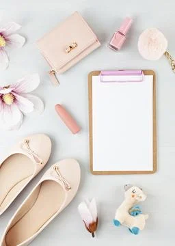Flat lay with girls spring summer accessories in pink pastel tones. Casual .. Stock Photos