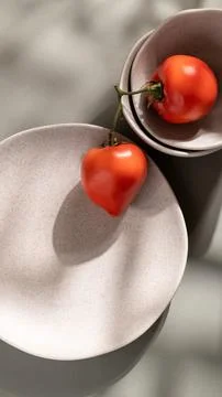 Flat lay of gray monochrome plates and tomatoes. Culinary concept with space for Stock Photos