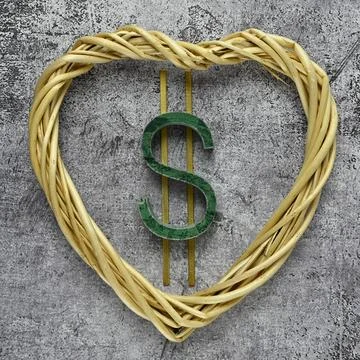 Flat lay the green stone dollar sign lies inside a wicker heart on gray marbl Stock Photos