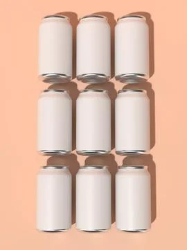 Flat lay grid of nine blank soda cans on peach background top view 3D render Fotos de archivo