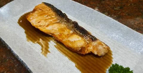 Flat lay of grilled fresh salmon with Teriyaki sauce Stock Photos