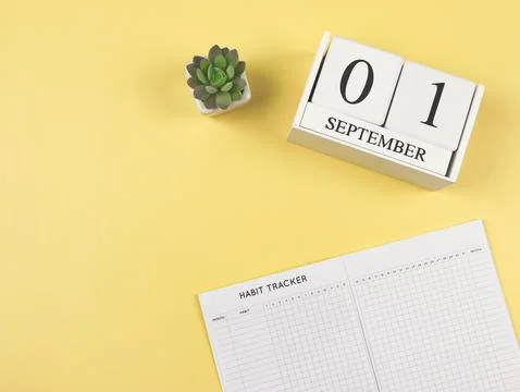 Flat lay of habit tracker book with with  succulent plant pot and wooden cale Stock Photos