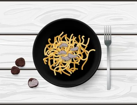 Flat lay of hand drawn vector pasta with truffle slices on white wooden table Stock Illustration