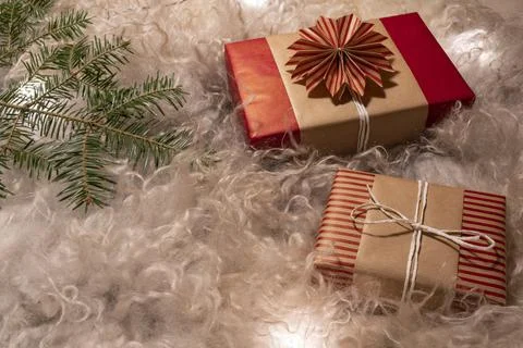 Flat Lay Handmade Decorative Gift Boxes on Woolen Fur Stock Photos