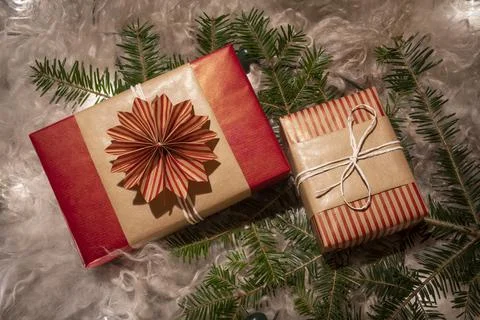 Flat Lay Handmade Decorative Gift Boxes on Woolen Fur Stock Photos