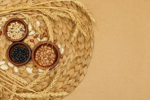 Flat lay of healthy grain concept, Various bean in wooden bowl pistachios whe Stock Photos