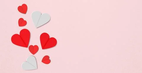 Flat lay hearts on pink paper background. valentines day concepts. Stock Illustration