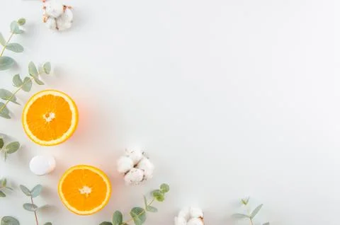 Flat lay home made cosmetics concept. Corner frame with green eucalyptus Stock Photos