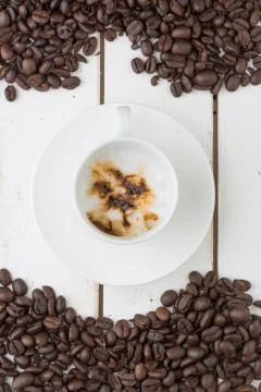 Flat Lay hot coffee with beans Stock Photos