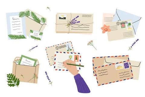 Flat lay illustration of envelopes, letters, postage stamps, stationery and t Stock Illustration