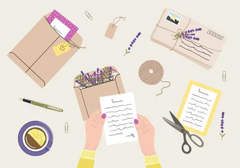 Flat lay illustration of envelopes, letters, stamps, stationery and white fem Stock Illustration