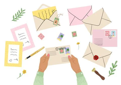 Flat lay illustration of envelopes, letters, postage stamps, stationery and t Stock Illustration