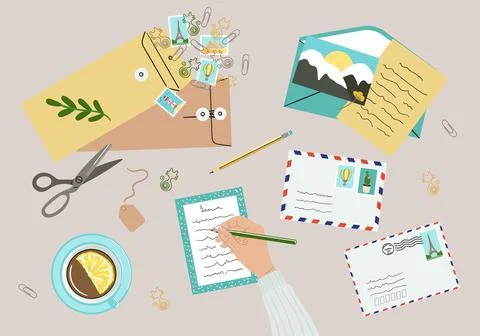 Flat lay illustration of envelopes, letters, postage stamps, stationery and t Stock Illustration