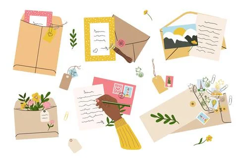 Flat lay illustration of envelopes, letters, postage stamps, stationery and b Stock Illustration