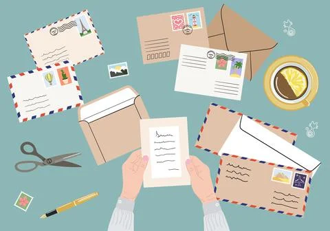Flat lay illustration of envelopes, letters, stamps, stationery and white fem Stock Illustration