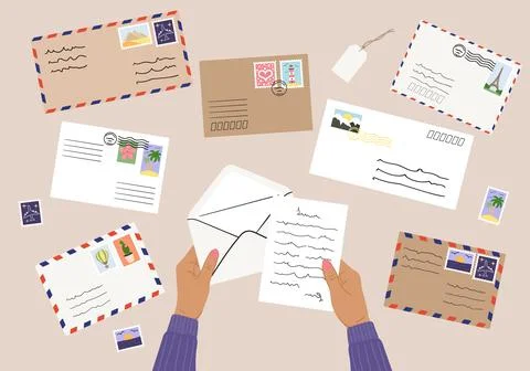 Flat lay illustration of envelopes, letters, postage stamps, stationery and t Stock Illustration