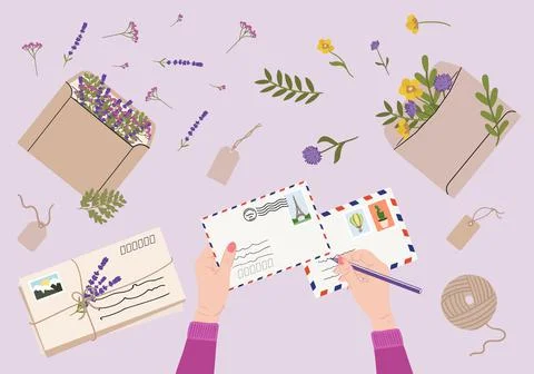 Flat lay illustration of envelopes, letters, postage stamps, stationery and w Stock Illustration
