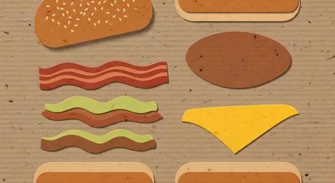 A flat lay illustration of various burger ingredients arranged on a texture.. Stock Illustration