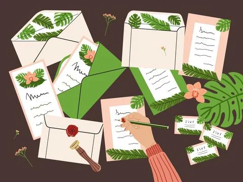 Flat lay illustration of wedding invitations, envelopes, stationery and tan f Stock Illustration