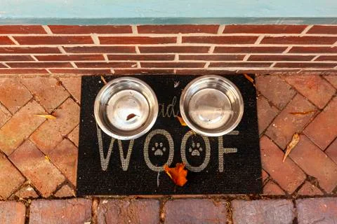 Flat lay image of two metal plates filled with drinking water for stray animals Stock Photos