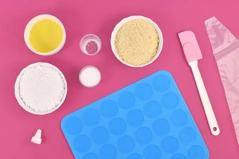 Flat lay with ingredients and tools for baking homemade French Macaron sweets Fotos Stock