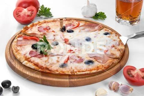 Flat lay with italian pizza on wooden board and various ingredients isolated on Stock Photos